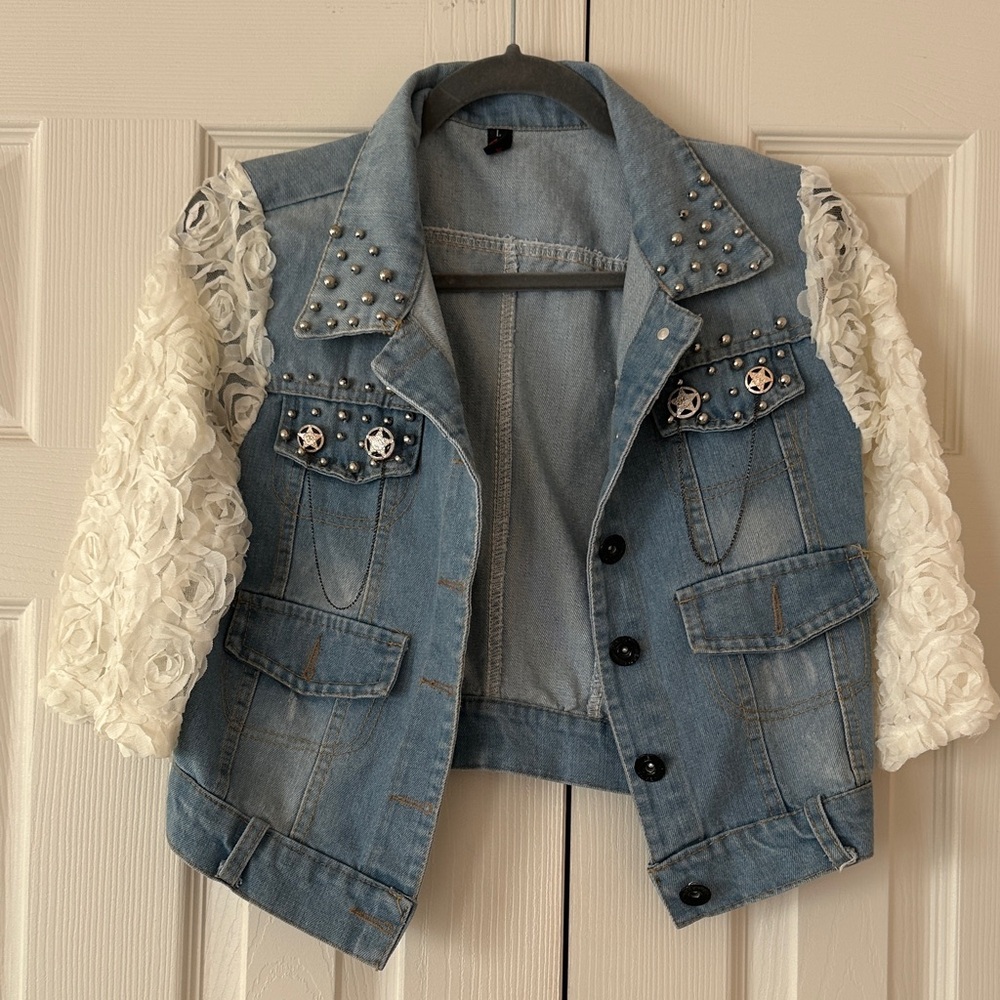 Studded Denim Vest with Lace Sleeves